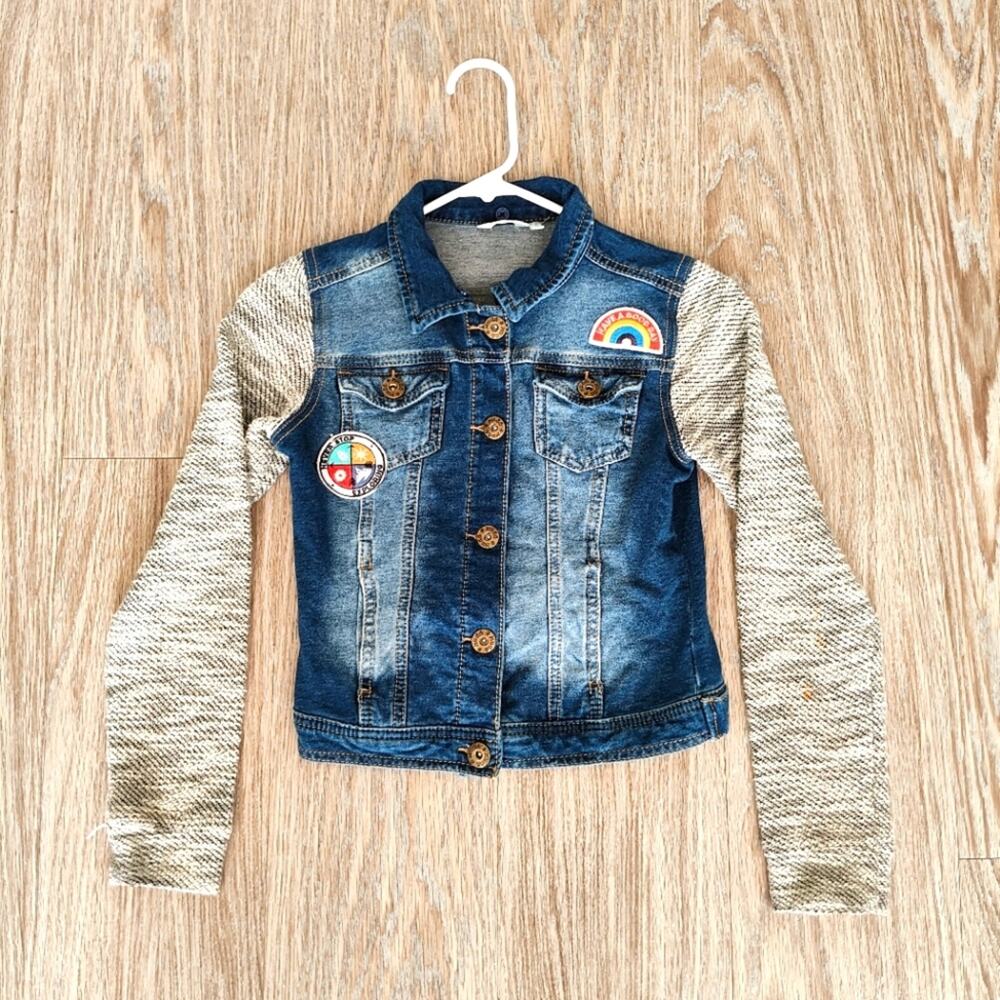 Mudd Blue Jean Jacket Girls Size 12 Knit Sleeves 4-pocket Front Size 12